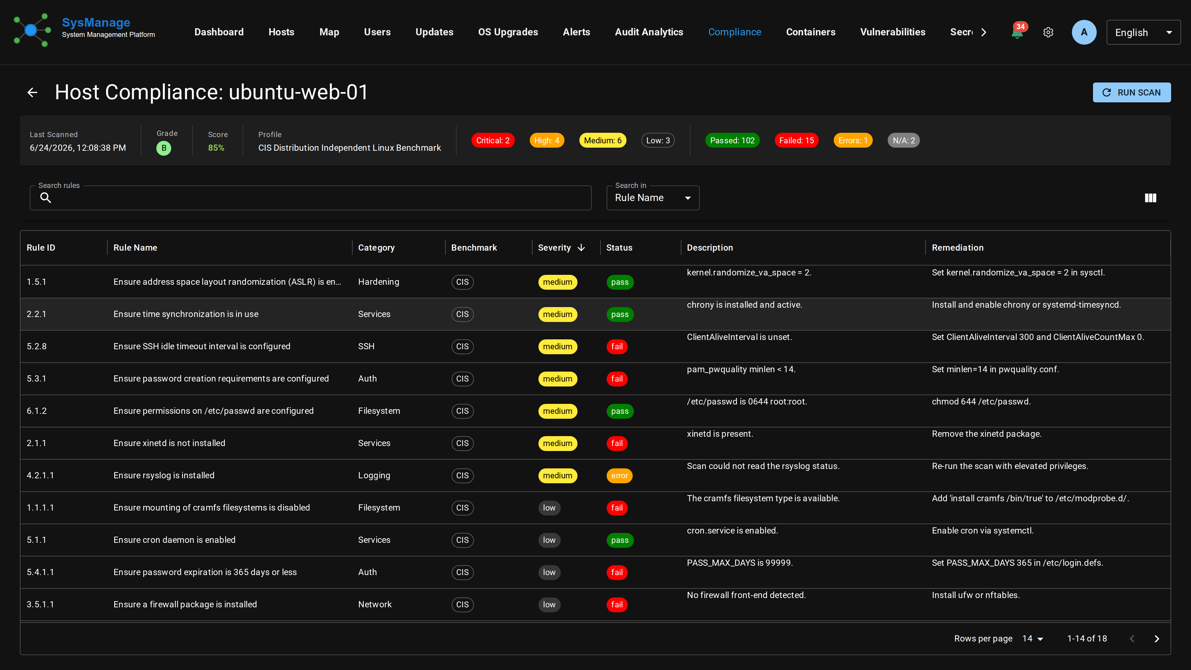 SysManage host compliance detail view