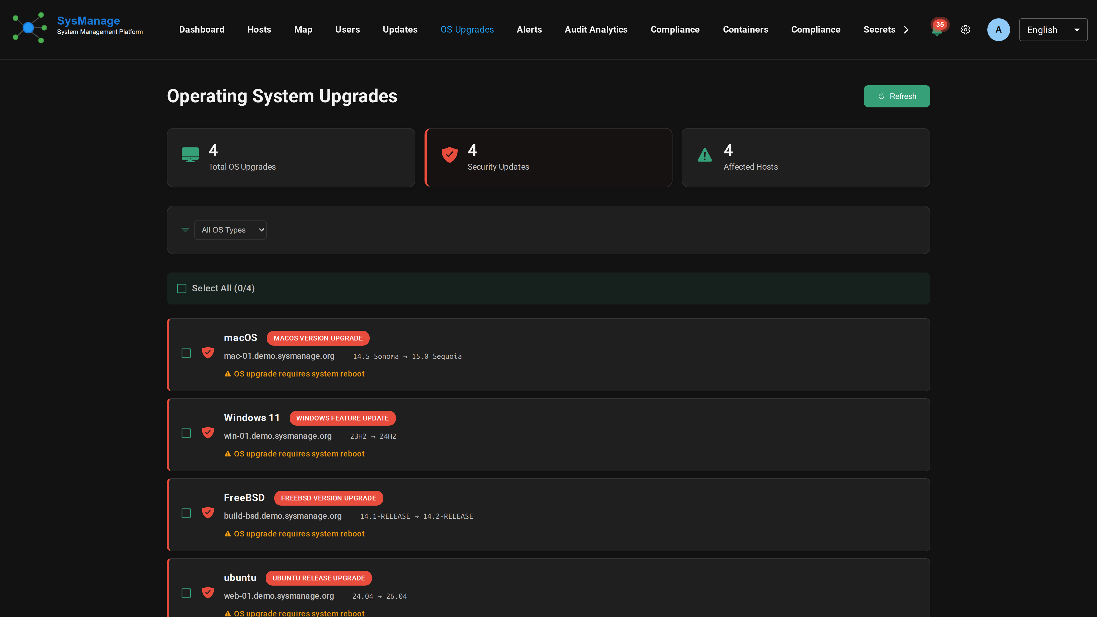SysManage OS Upgrades page